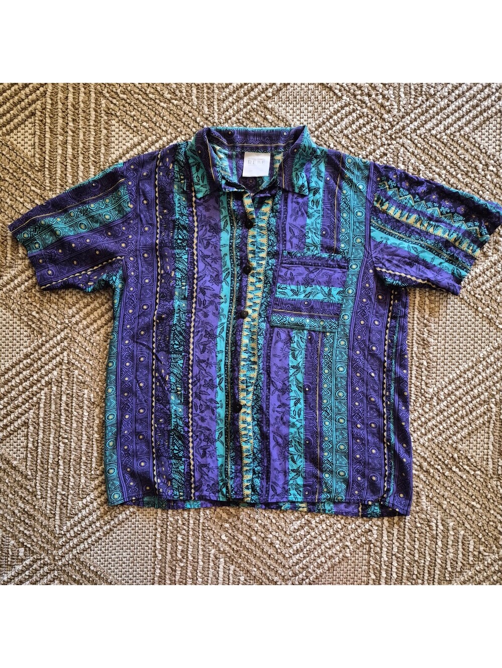Vintage REBE Indigo Teal Aztec Tribal Rayon Festival Shirt M